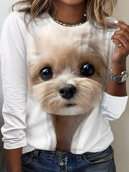 

Plus Size Casual Dog T-Shirt, White, Long sleeves