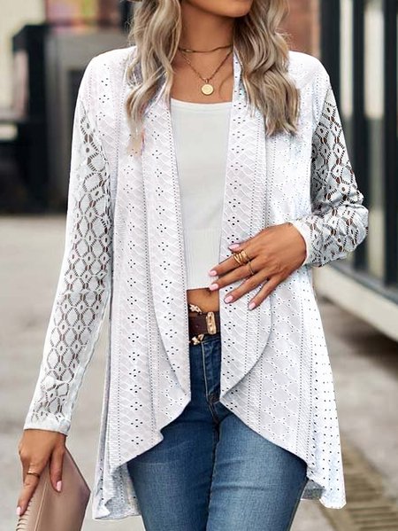 

Lace Casual Shawl Collar Plain Kimono, White, Cardigans