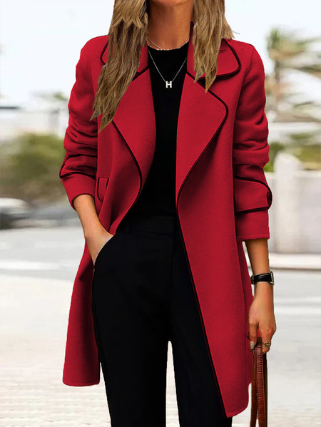 

Lapel Collar Loose Woolen Casual Coat, Red, Trench Coats