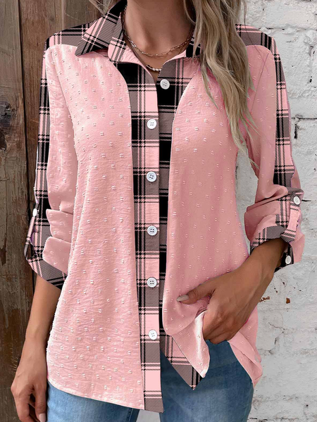 

Casual Loose Plaid Shirt Collar Blouse, Pink, Blouses & Shirts
