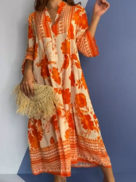 

Casual V Neck Floral Regular Fit Dress, Orange, Dresses