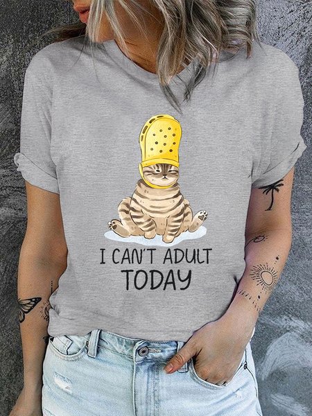 

Women's Casual Funny Cat I Can't Adult Today T-Shirt, Light gray, T-shirts