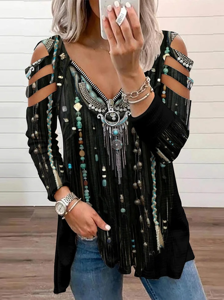 

Casual V Neck Regular Fit Ethnic Shirt, Black, Shirts & Blouses
