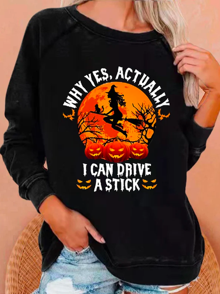 

Casual Cotton Halloween Women's Halloween Why Yes Actually I Can Drive A Stick Print Casual Crew neck Sweatshirt, Black, Sweatshirts & Hoodies