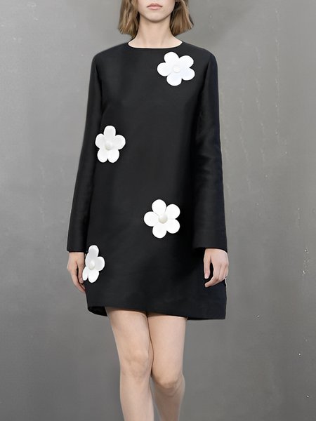 

Long Sleeve Elegant Floral Crew Neck Regular Fit Dress, Black, Mini Dresses