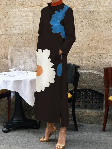

Long Sleeve Regular Fit Urban Stand Collar Floral Dress, Black, Maxi Dresses