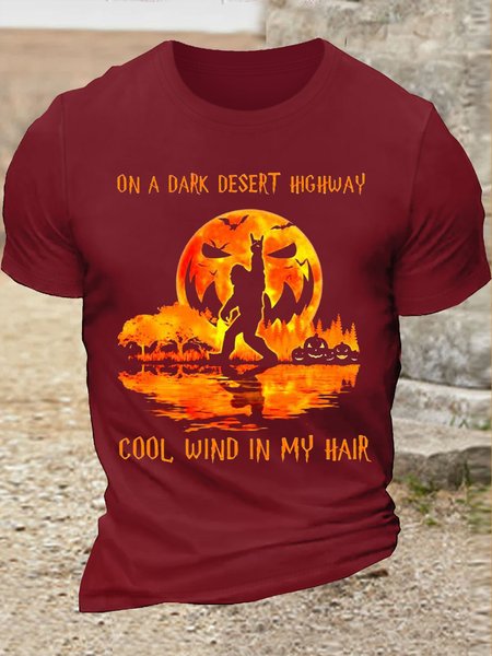

Women's Bigfoot On A Dark Desert Highway Cool Wind In My Hair Casual Crew Neck T-Shirt, Red, T-shirts