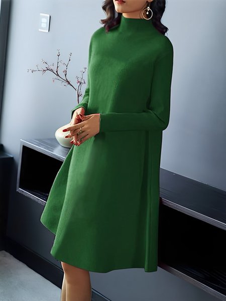

Plain Loose Half Turtleneck Elegant Sweater Dress, Green, Midi Dresses