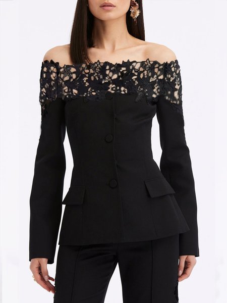 

Regular Fit Elegant Lace Edge Boat Neck Blazer, Black, Blazers