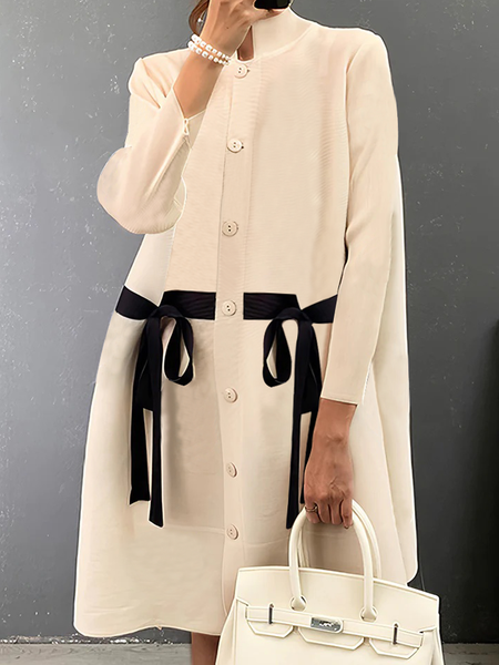 

Urban Loose Color Long Sleeve Block Stand Collar Short Dress With Belt, Apricot, Mini Dresses