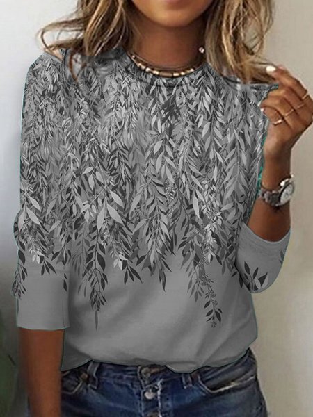 

Floral Crew Neck Casual Loose T-Shirt, Gray, Long sleeves