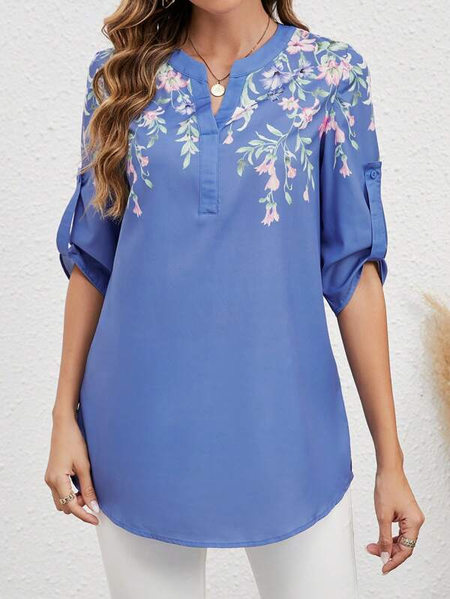 

Floral Loose V Neck Casual Blouse, Blue, Shirts & Blouses