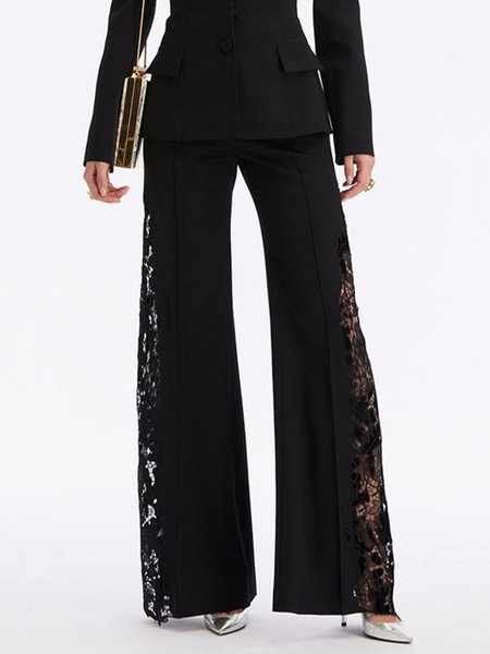 

Lace Edge Elegant Fashion Wide Leg Pants, Black, Pants