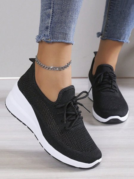 Casual Lace up Decor Breathable Flyknit Wedge Heel Slip On Sneakers