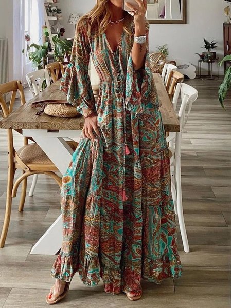 

V Neck Boho Dress With No, Orange, Maxi Dresses