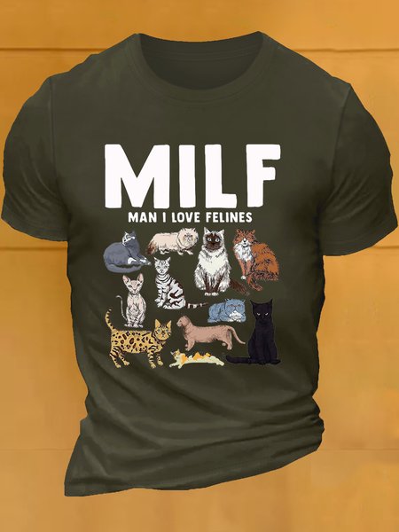 

Men's MILF Man I Love Felines Cat Letters Casual T-Shirt, Green, T-shirts