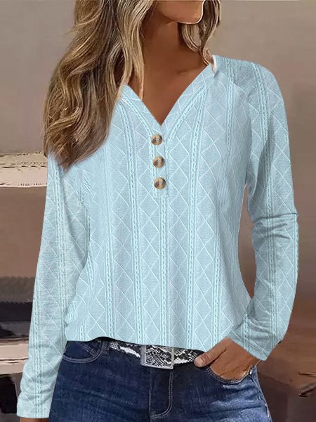 

Textured Knitted V-Neck Button-Down Long-Sleeved Top, Blue, Shirts & Blouses