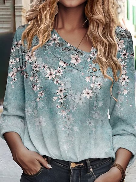 

Gradient Floral Design Knit Track Top, Light blue, Shirts & Blouses