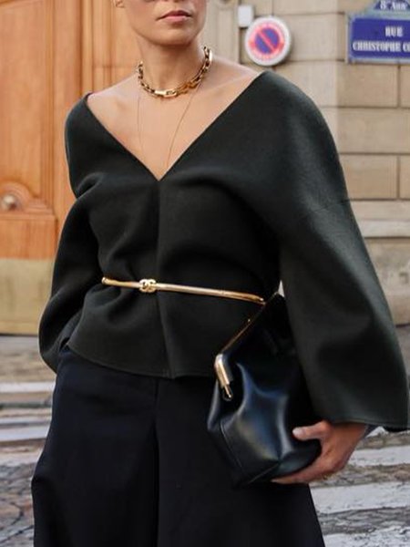 

Loose Urban Plain V Neck Shirt, Black, Blouses and Shirts