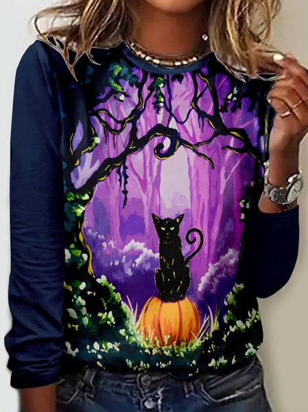 

Women's Halloween black cat Casual Shirt, As picture, Long sleeves