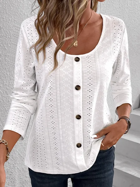 

Women Plain Crew Neck Casual Long Sleeve T-shirt, White, Tunics