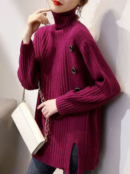 

Urban Loose Plain Long Sleeve Turtleneck Sweater, Deep pink, Pullovers