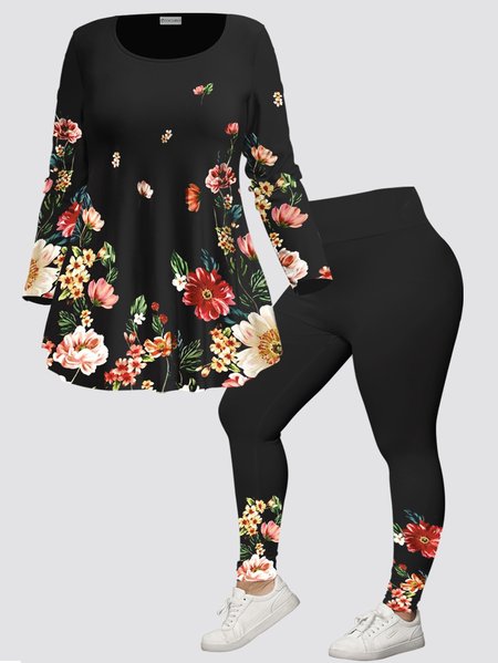 

Casual Crew Neck Floral Regular Fit Two-Piece Set, Black, Suit Set