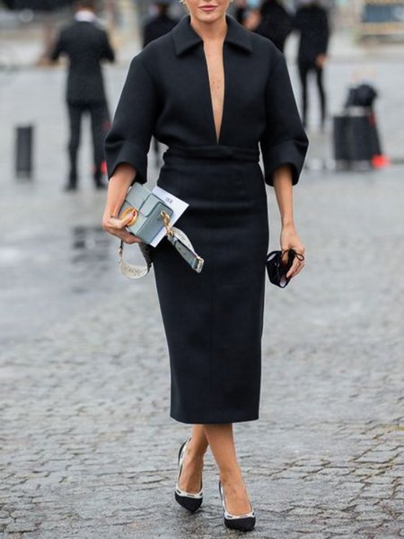 

Regular Fit Elegant V Neck Dress, Black, Midi Dresses