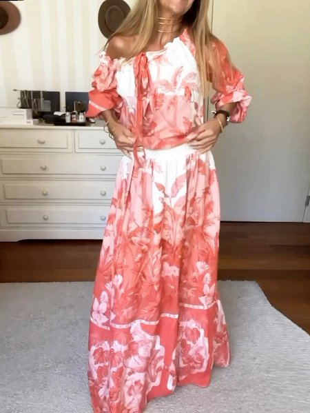 

Casual Regular Fit Cold Shoulder Floral Two-Piece Set, Red, Suit Set