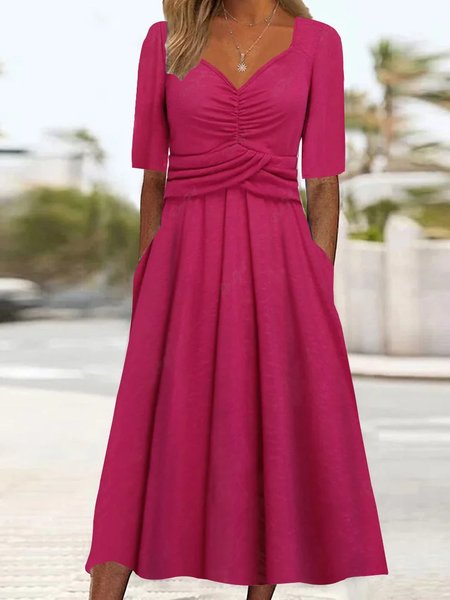 

Casual Knitted V Neck Loose Dress With No Belt, Rose red, Dresses