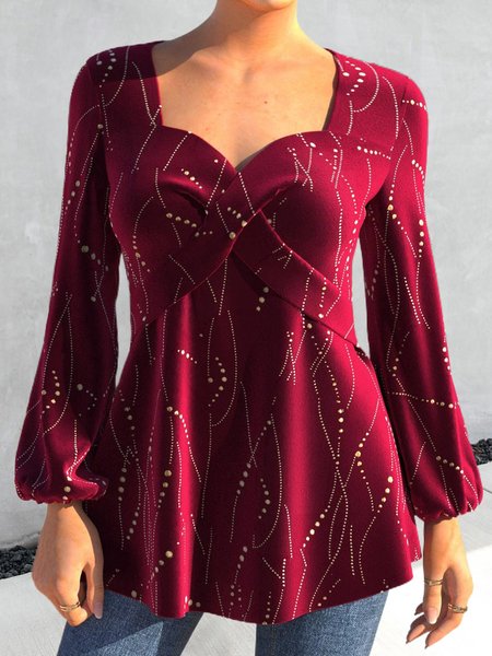 

Lantern Sleeve Elegant Square Neck Shirt, Red, Shirts & Blouses