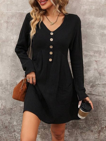 

Buckle Plain Casual V Neck Long Sleeve Midi Dress, Black, Mini Dresses