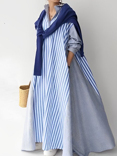 

Striped Urban Loose Maxi Dress With No Belt, Blue, Maxi Dresses