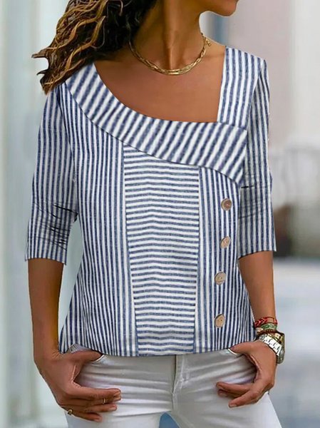 

Casual Loose Striped Buckle Shirt, Blue, Shirts & Blouses