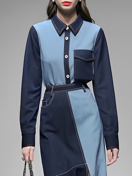 

Shirt Collar Color Block Urban Faux Denim Blouse, Blue, Blouses and Shirts
