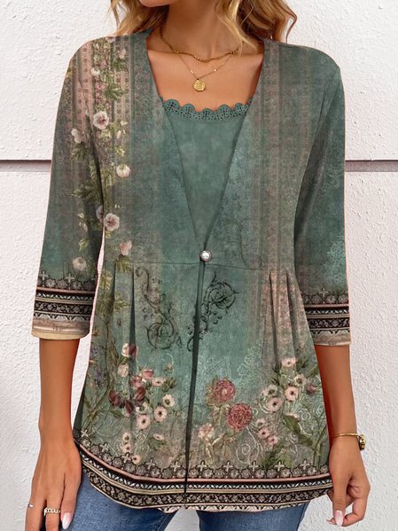 

Fake 2-in-1 Ethnic Print Design Knit Top, Green, Shirts & Blouses