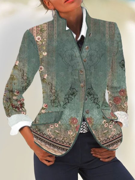 

Ethnic Casual Stand Collar Blazer, Green, Blazers