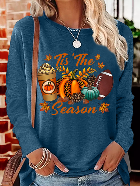 

Women's Tis The Season Fall Pumpkin Halloween Casual Long Sleeve Shirt, Blue, Long sleeves