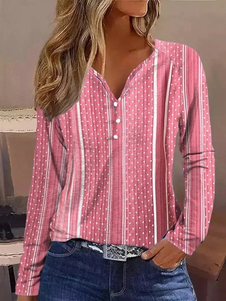 

Casual Geometric V Neck Loose T-Shirt, Pink, T-Shirts