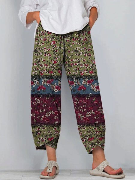

Loose Casual Floral Pants, Green, Pants