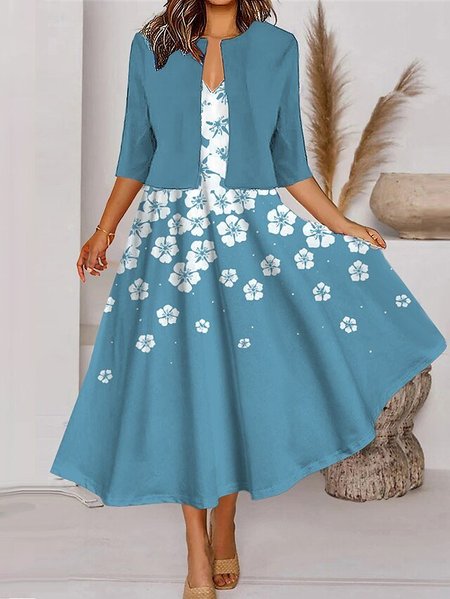 

V Neck Casual Floral Loose Two-Piece Set, Blue, Suit Set