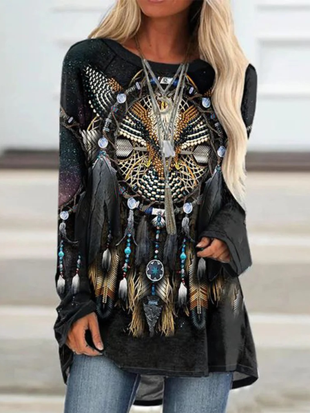 

Ethnic Crew Neck Casual T-Shirt, Black, T-Shirts