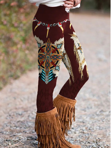 

Casual Ethnic Tight Legging, Wine red, Leggings
