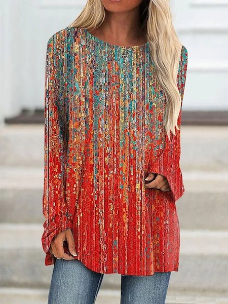 

Crew Neck Ombre Loose Casual Shirt, Red, Shirts & Blouses