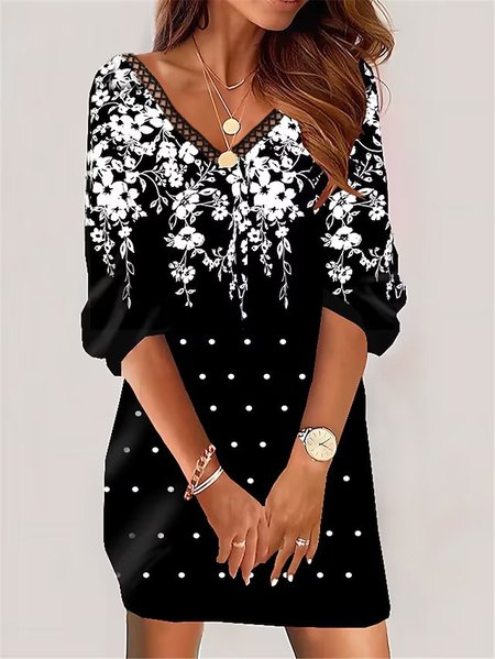 

Casual Floral V Neck Lace Dress, Black, Dresses