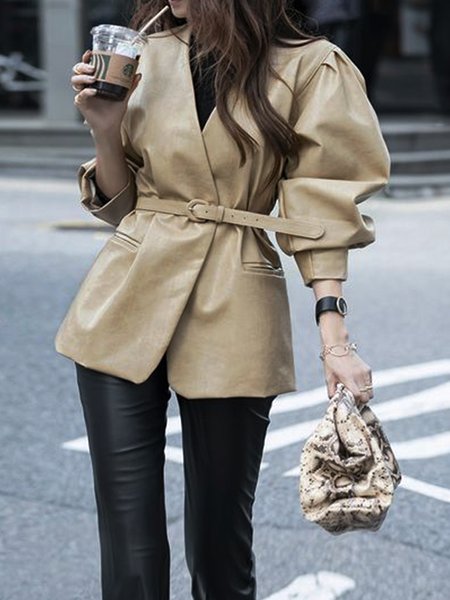 

Puff Sleeve Plain Regular Fit Urban Leather Coat, Khaki, Jackets