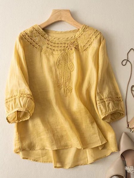 

Crew Neck Casual Regular Fit Plain Shirt, Yellow, Shirts & Blouses