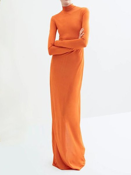 

Half Turtleneck Plain Casual Dress, Orange, Maxi Dresses