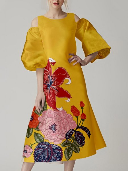 

Midi Elegant Crew Neck Floral Regular Fit Dress, Yellow, Midi Dresses