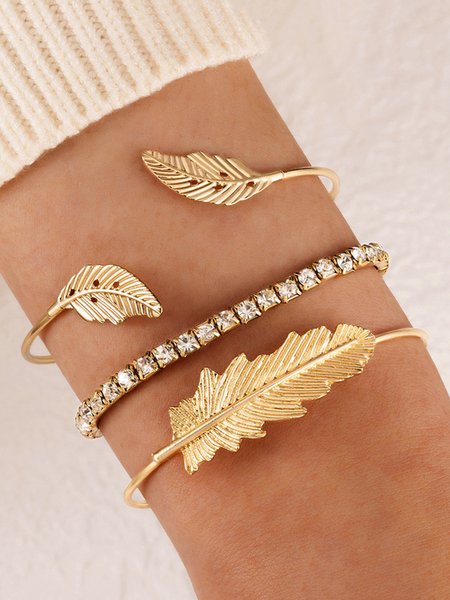 

Feather Leaf Cuff Rhinestone Bracelet Set, Golden, Bracelets